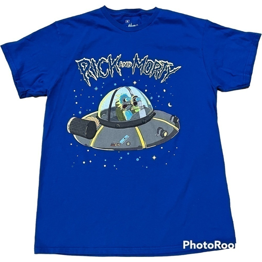 RICK and Morty Adult Swim royal blue & yellow T shirt spaceship unisex stars M.